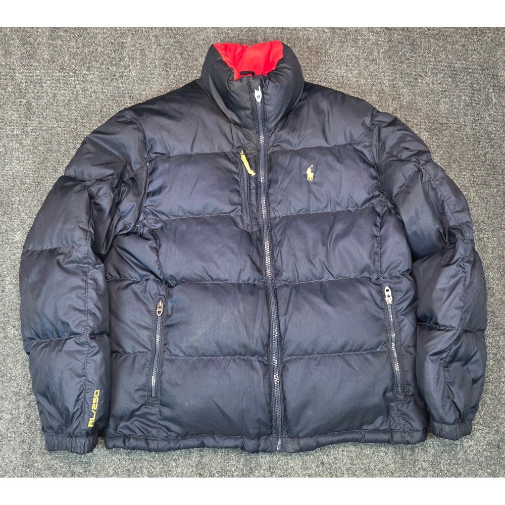 Polo Ralph Lauren RL/250 Puffer Jacket Mens Large Navy Blue Red Lining Down Coat